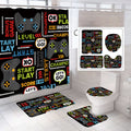 NORBEY 4 Pcs Play Game Shower Curtain Set, Abstract Videogame Controller Pattern Bath Curtain with Anti-Slip Mat Toilet Cover Ca