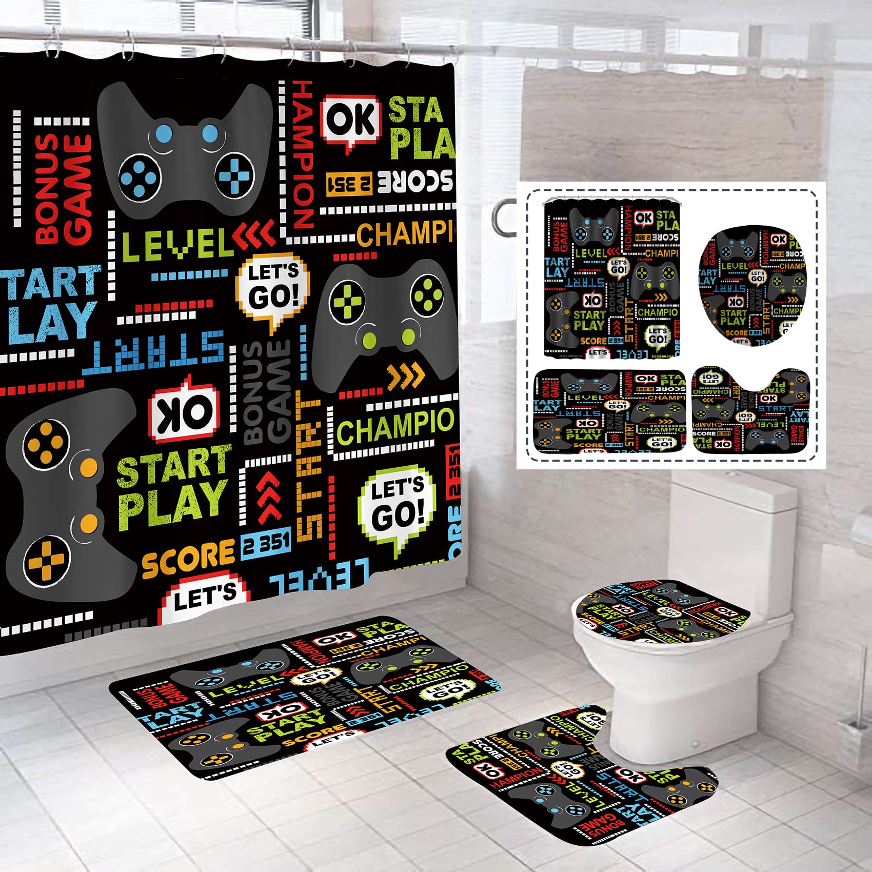 NORBEY 4 Pcs Play Game Shower Curtain Set, Abstract Videogame Controller Pattern Bath Curtain with Anti-Slip Mat Toilet Cover Ca