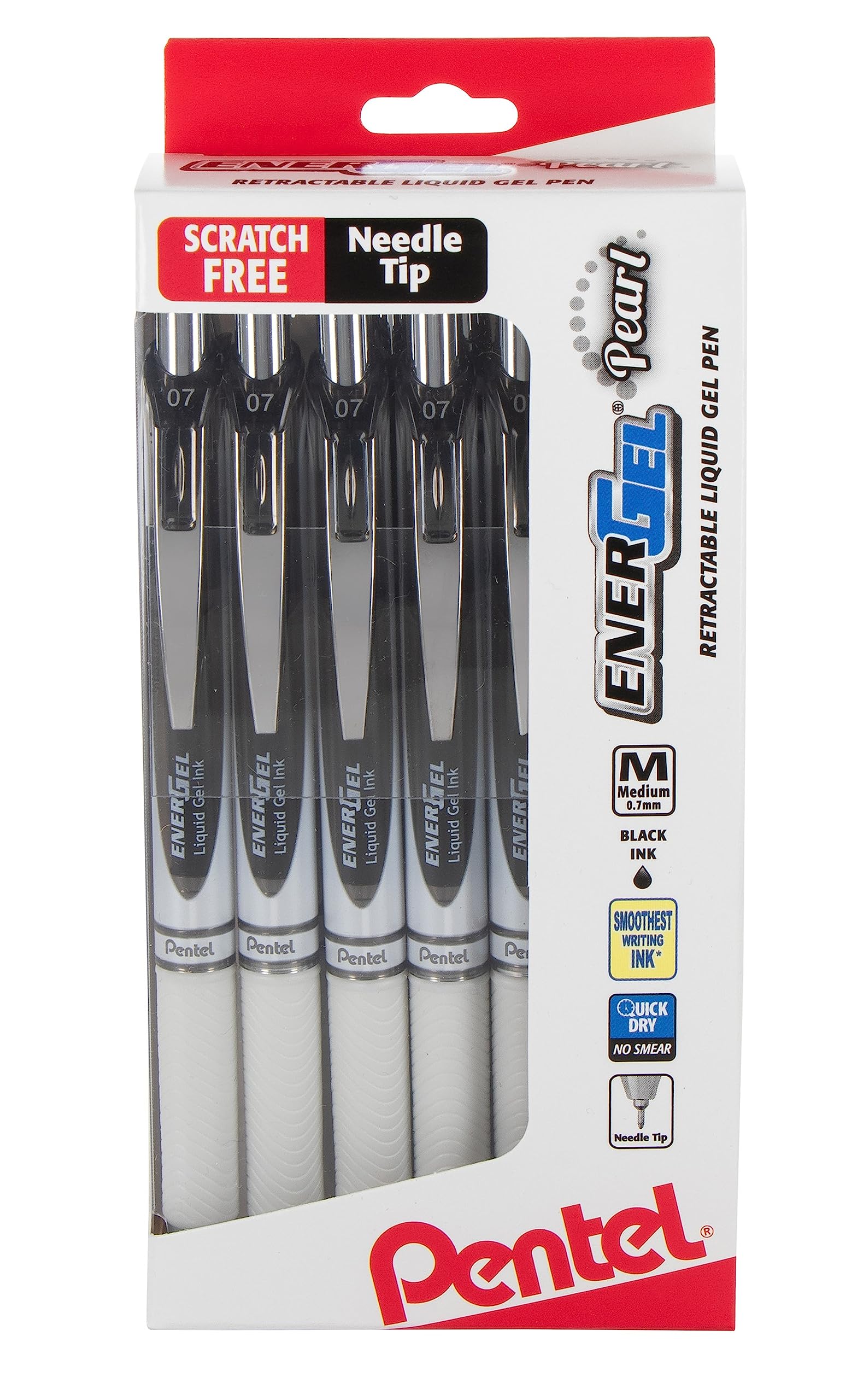 Pentel Energel Pearl Retractable Liquid Gel Pen, 0.7Mm Medium Line, Needle Tip, Black Ink, 12 Pack Window Box
