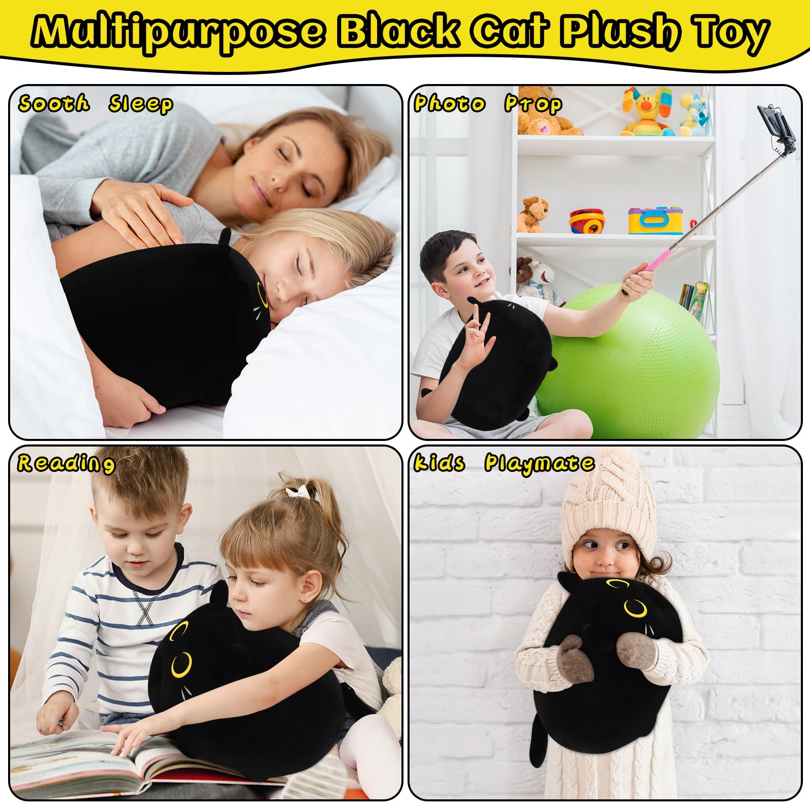 Black Cat Plush Stuffed Animal-11.8' Black Cat Plush Toy, Black Cat Plush Pillow, Cute Soft Plush Cat Plushie Stuffed Cat Toys,