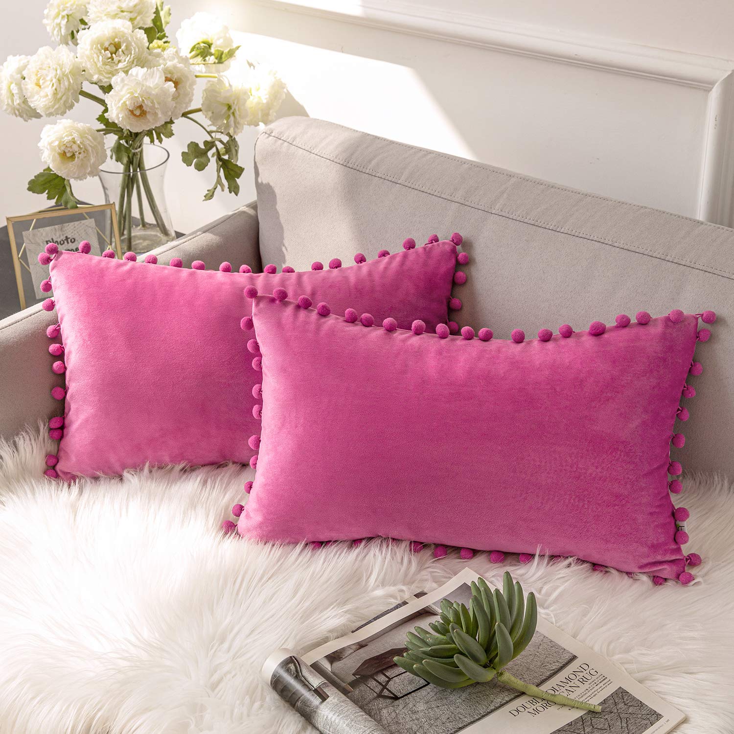 Ashler Throw Pillow Cases With Soft Pom Poms Velvet Plush Vibrant Elegant Cushion Covers, Pack Of 2, Pink 12 X 20 Inches 30 X 50
