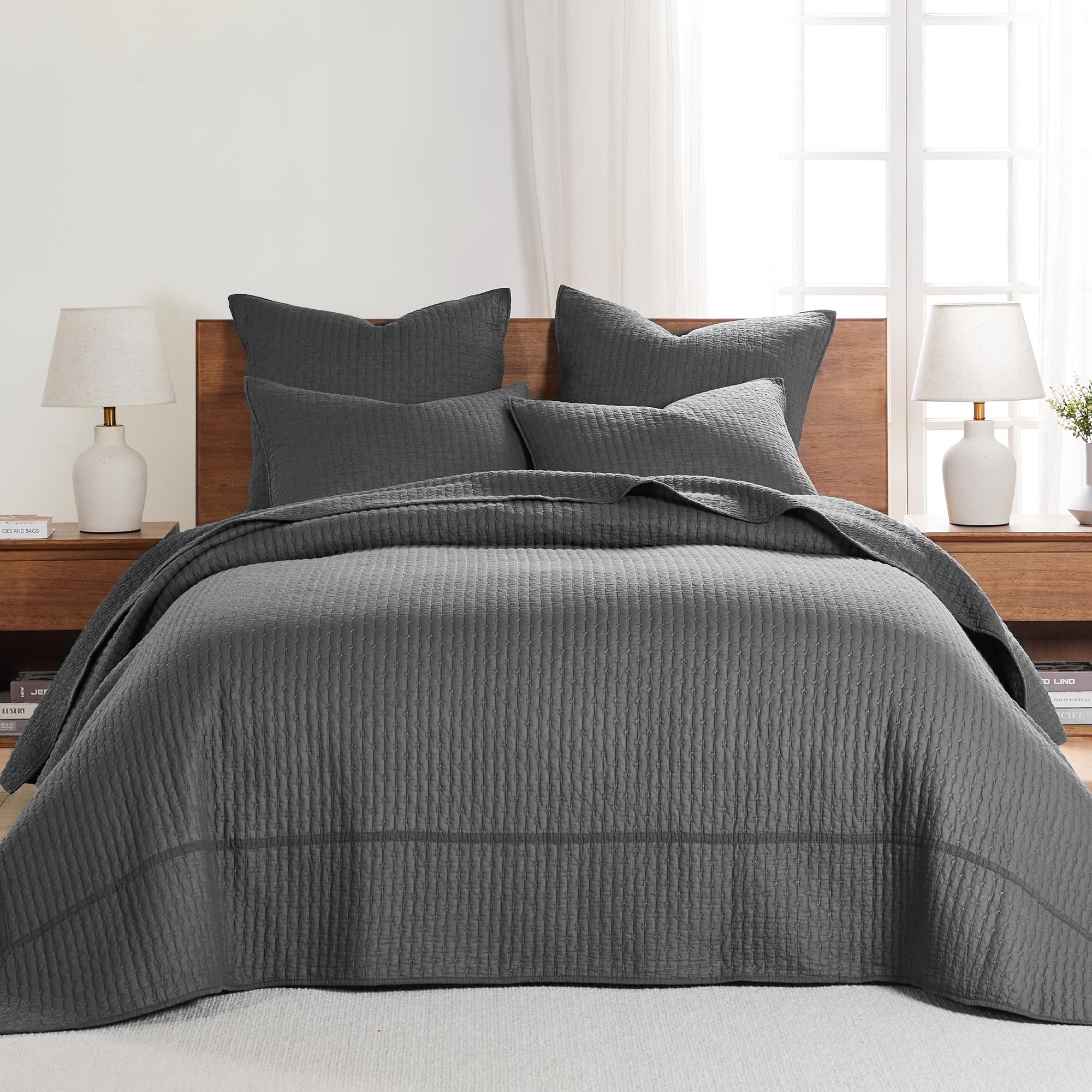 Levtex Home - Cross Stitch Charcoal Bedspread Set - Full Quilted Bedspread And Two Standard Shams - Cross Stitch Pattern - Bedsp