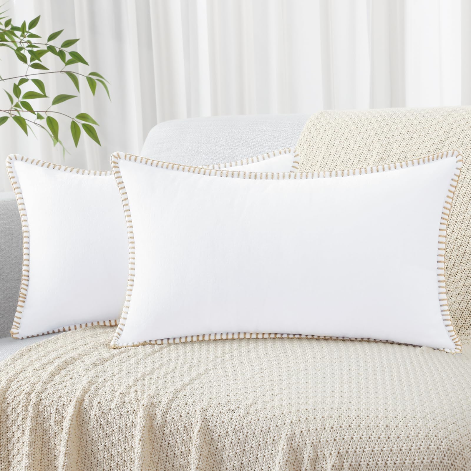 Decoruhome Chenille Soft Spring Throw Pillow Covers 12X20 Set Of 2, Lumbar Velvet Farmhouse Pillow Covers, Decorative Pillow Covers With Stitched Edge For Couch Sofa Bed, White