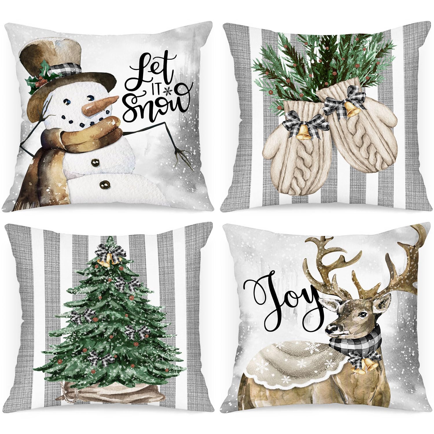 Lanpn Winter 20X20 Christmas Throw Pillow Covers Set Of 4, Xmas Snowman Gloves Elk Eucalyptus Winter Decorative Holiday Pillow C