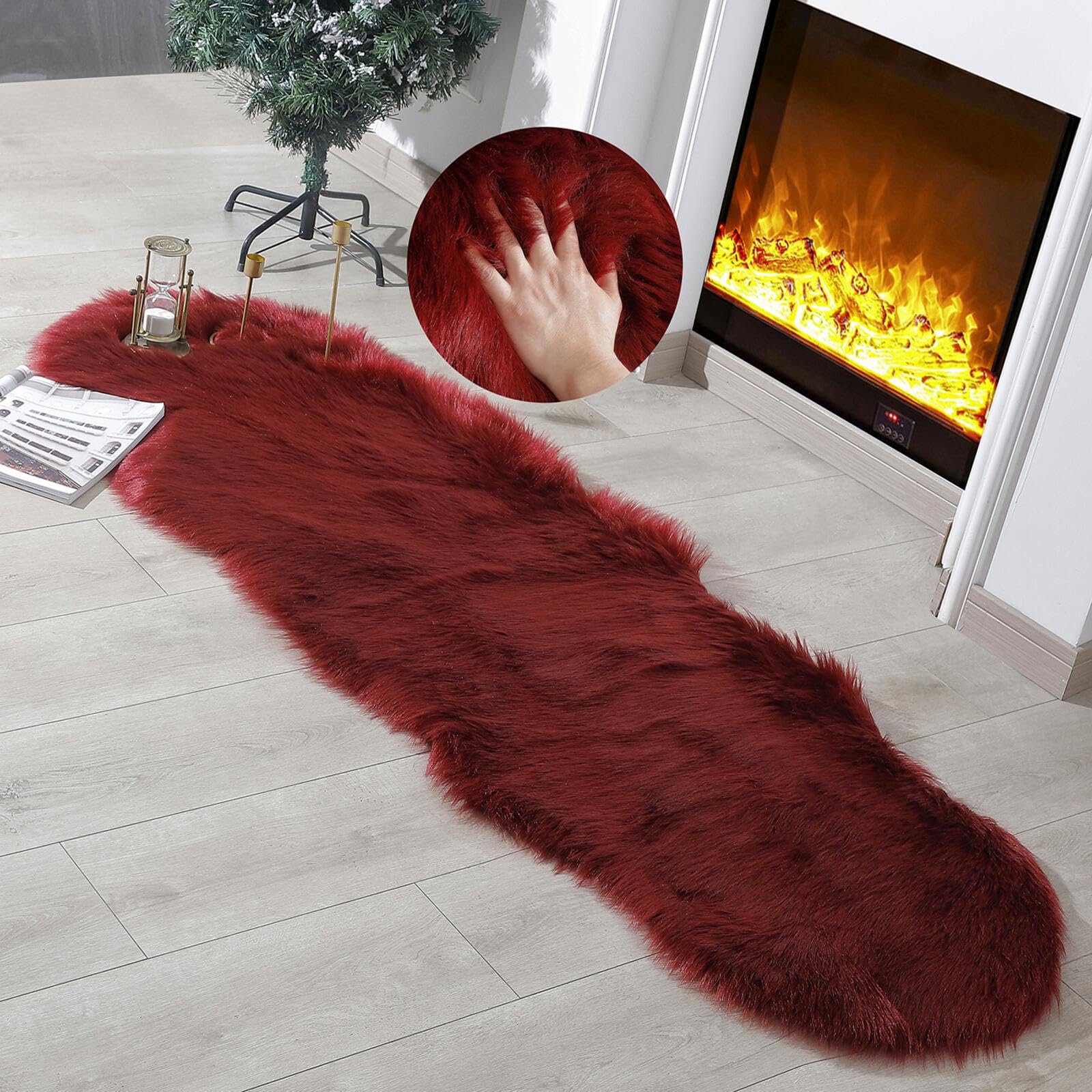 linmopm Faux Fur Rug Sheepskin Shag Fluffy Fuzzy Red 2x6 ft Runner Rugs for Bedroom Bedside Bed Floor Living Room Plush High-Den