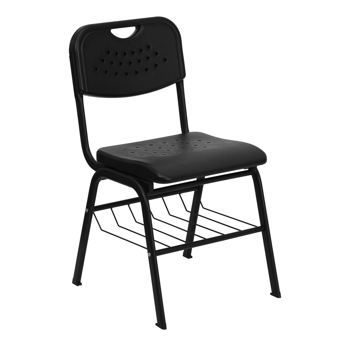 Flash Furniture HERCULES Series 880 lb. Capacity Black Plastic Chair with Black Frame and Book Basket