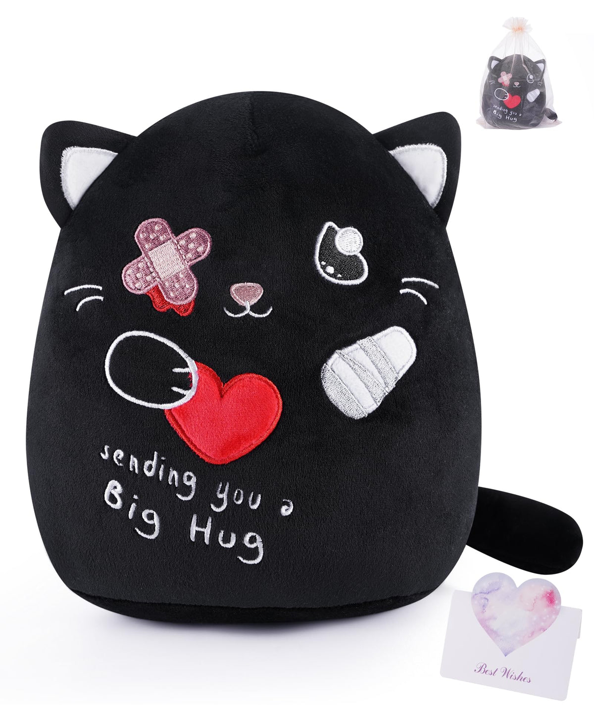Leyoha Get Well Soon Cat Plush - Black Cat Stuffed Animals Plushies Toys With Band-Aid, Kids' Pillow Cushion, Gifts For Patient