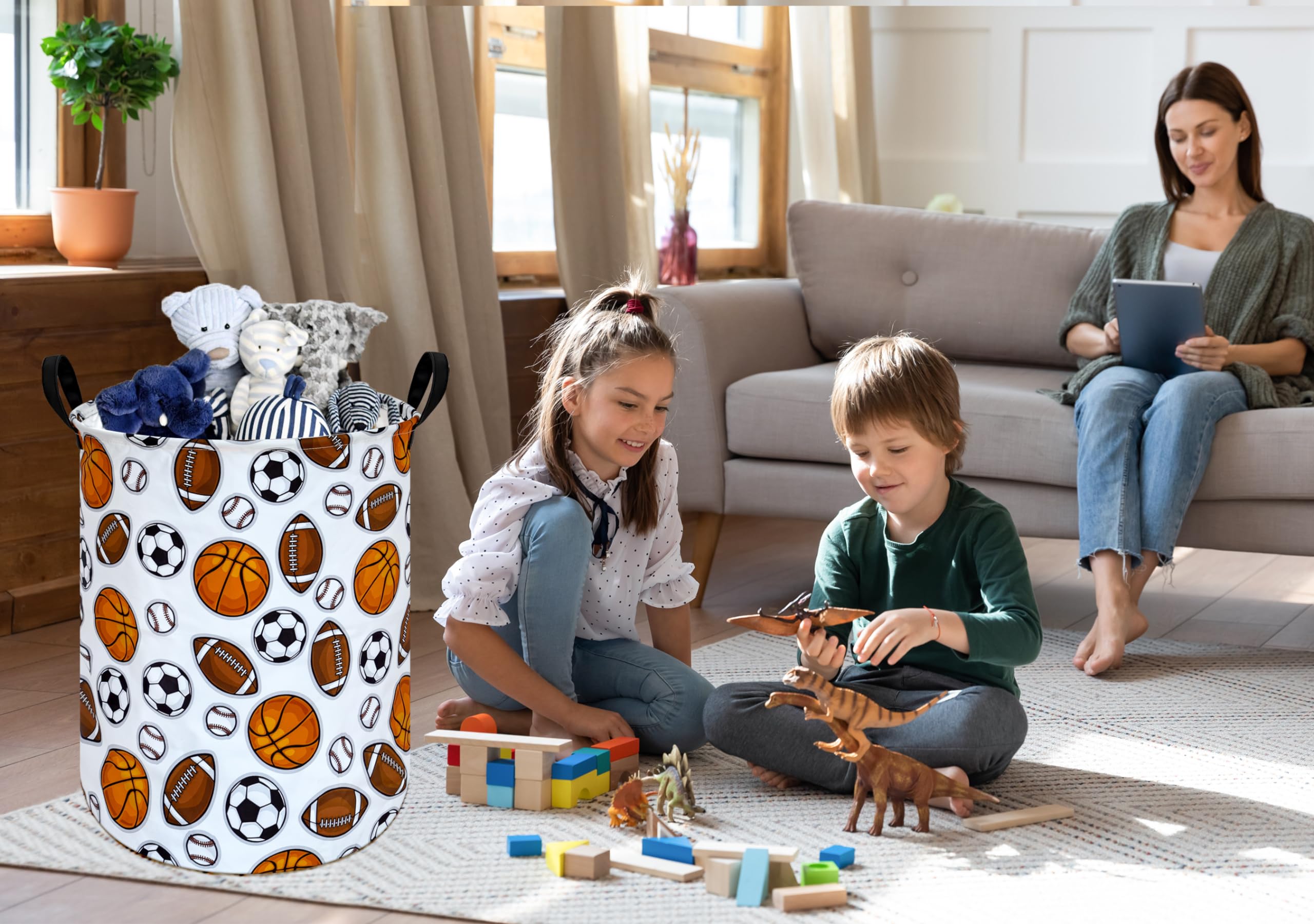 Huayee 19.7 Inch Boys And Girls Laundry Basket Balls Laundry Hamper Storage Basket Fabric Material Organization Basket, Storage