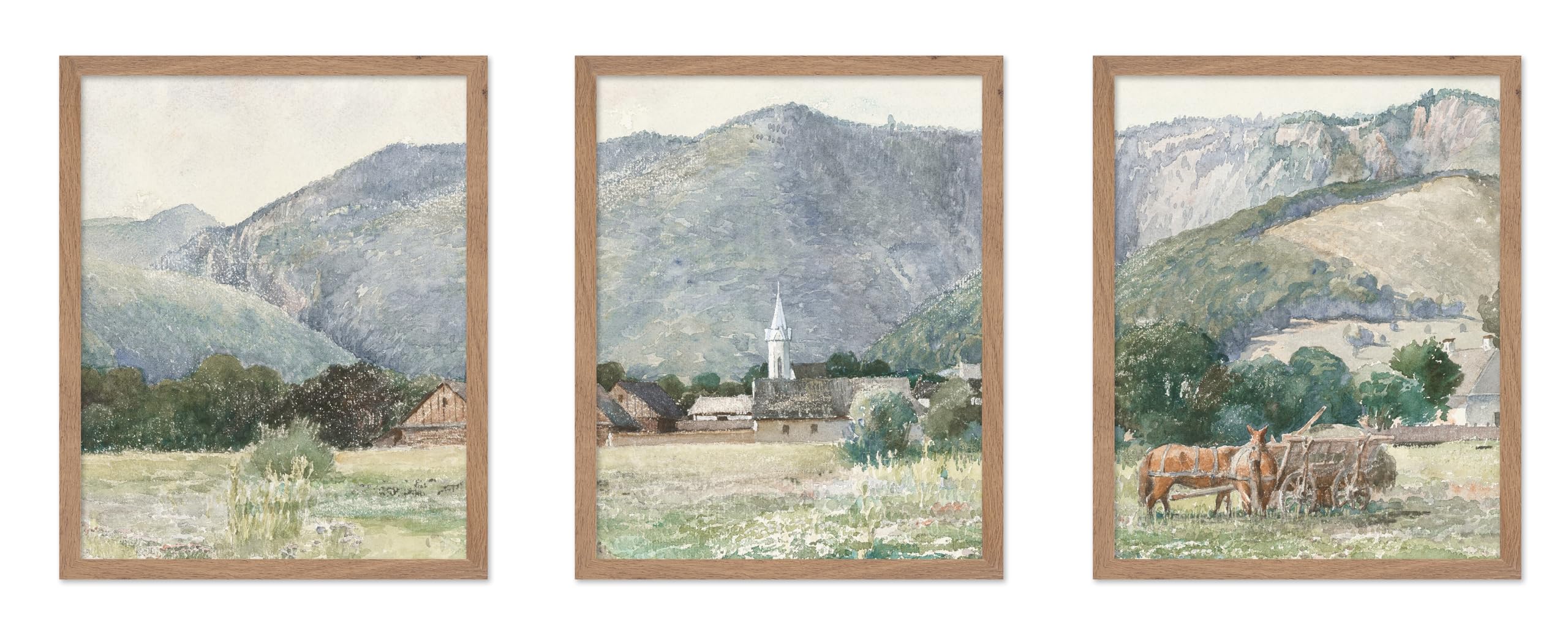 Poster Master 3-Piece Vintage Illustration Poster - Retro Watercolor Print - Gift for Artist, Friend - Floral Landscape, Grass, 