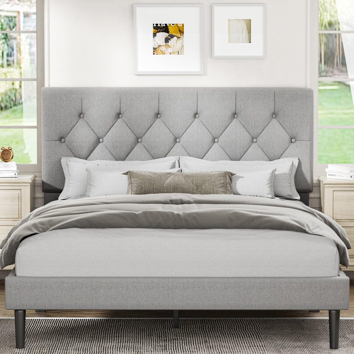 Queen Size Platform Bed Frame With Upholstered Headboard, Button Tufted Design, No Box Spring Needed, Light Grey