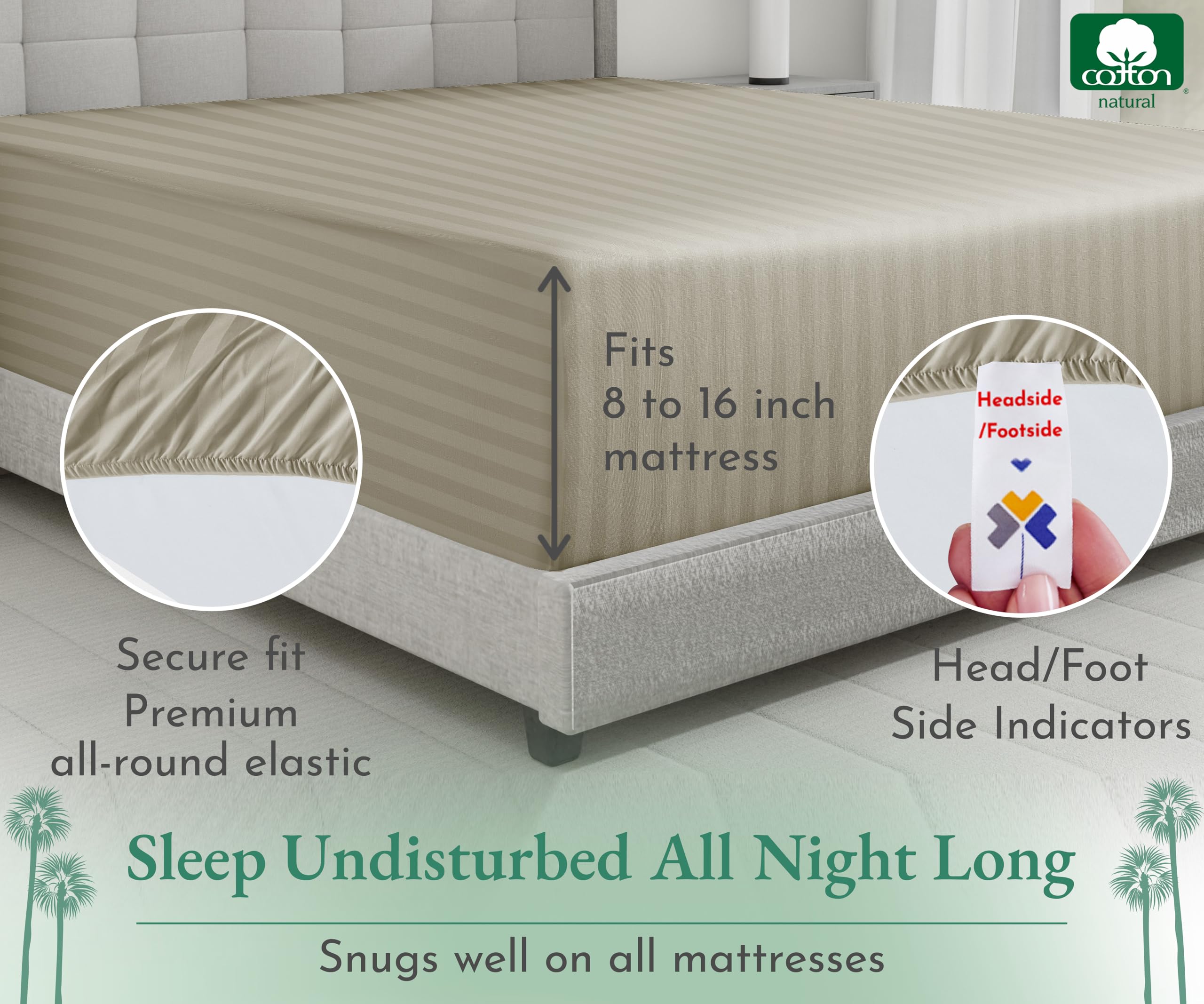 California Design Den Luxury Cotton Sateen Damask Stripe Full Fitted Sheet Only - Soft 100% Cotton Sateen, Deep Pocket Bottom Fitted Sheet, Hotel Quality With A Foot Side Indicator - Khaki