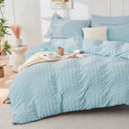 Hymokege Lake Blue Full Size Comforter Sets Seersucker 7 Pieces, All Season Luxury Bed In A Bag For Bedroom, Bedding Set With Co