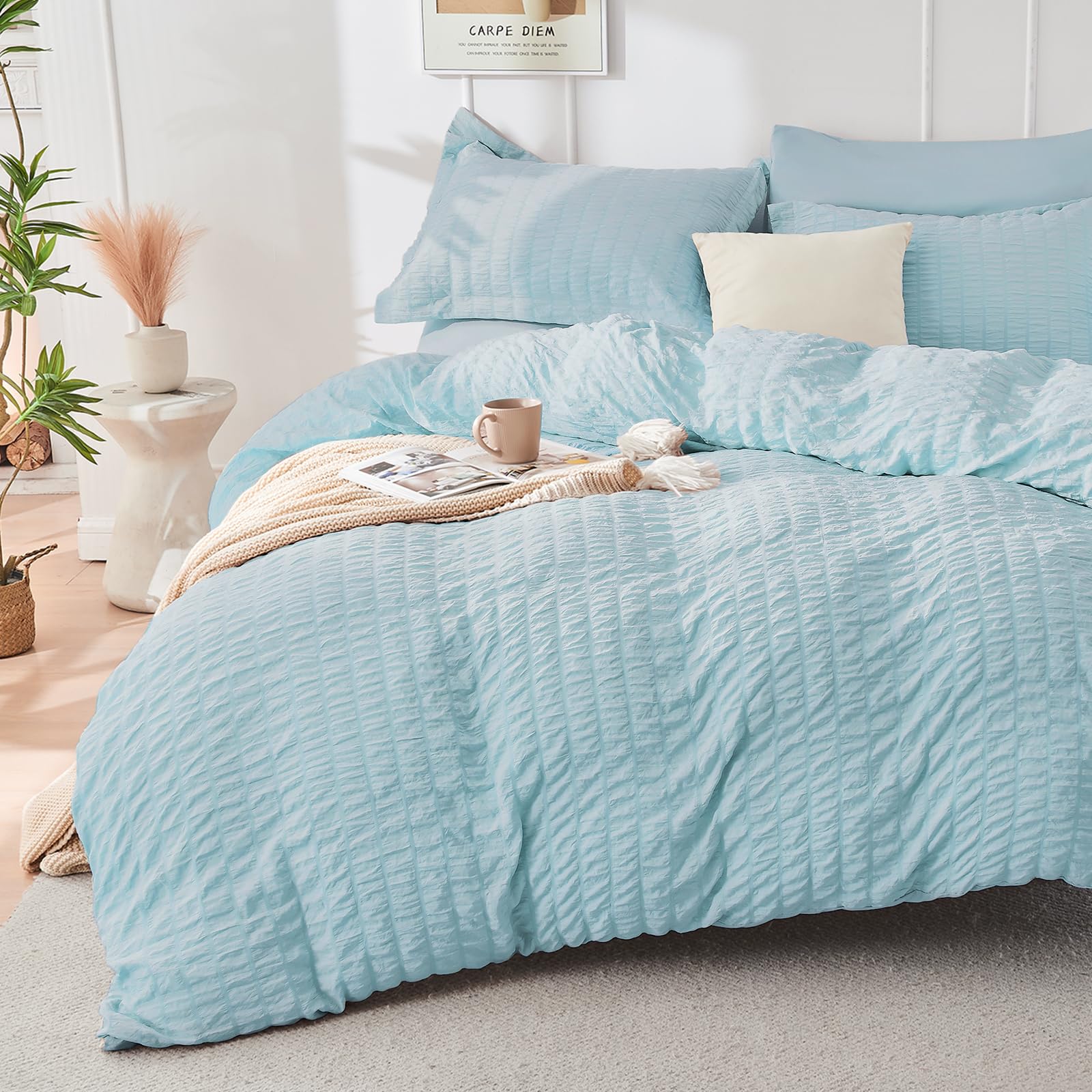 Hymokege Lake Blue Queen Comforter Set Seersucker 7 Pieces, All Season Luxury Bed In A Bag For Bedroom, Bedding Set With Comfort
