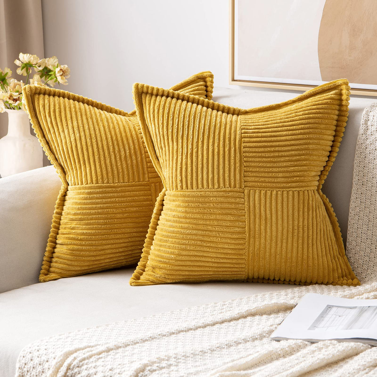 Miulee Mustard Yellow Pillow Covers 16X16 Inch With Splicing Set Of 2 Super Soft Boho Striped Corduroy Pillow Covers Broadside D