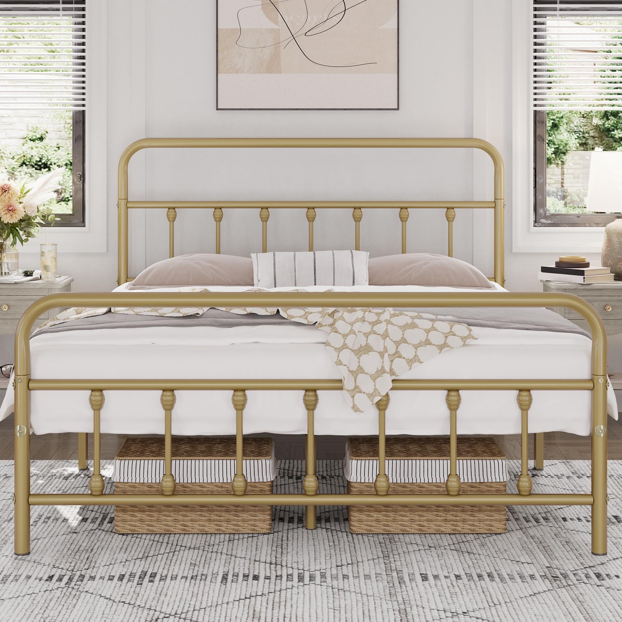 Yaheetech Classic Metal Platform Bed Frame Mattress Foundation With Victorian Style Iron-Art Headboard/Footboard/Under Bed Storage No Box Spring Needed Full Size Antique Gold