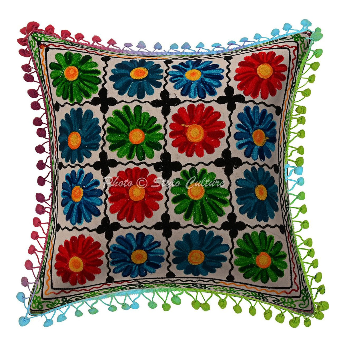Indian Sofa Cushion Cover Embroidered Cotton Multi Color 16X16 Floral Cushion Cover