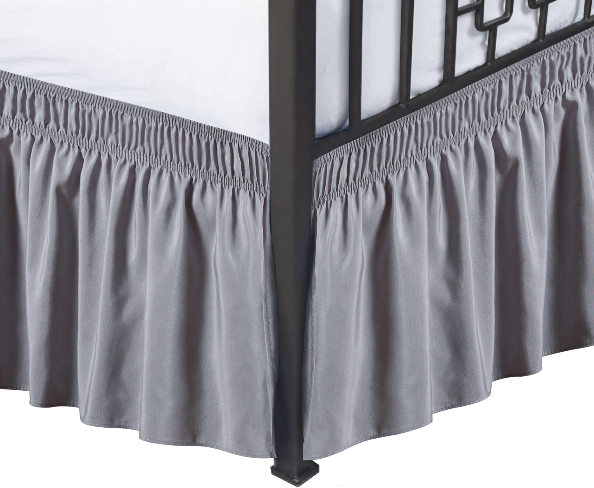 Biscaynebay Wrap Around Bed Skirts With Split Corners For Queen Beds 16' Drop, Silver Grey Elastic Dust Ruffles Easy Fit Wrinkl
