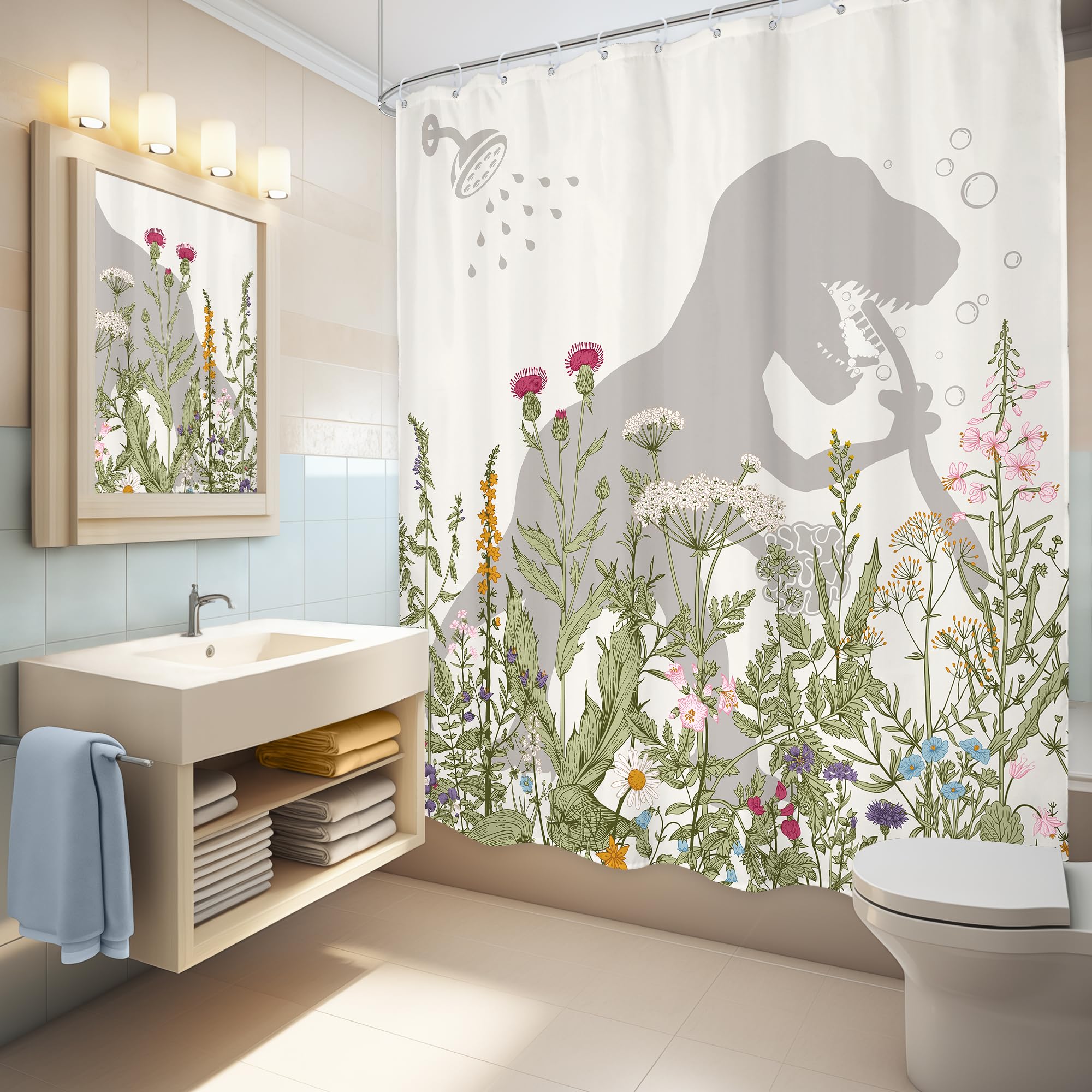 Lghtyro Dinosaur Wildflower Kids Shower Curtain Bathroom Set 60Wx71H Inches Funny Dino Silhouette Floral Rustic Plant Leaves Bot
