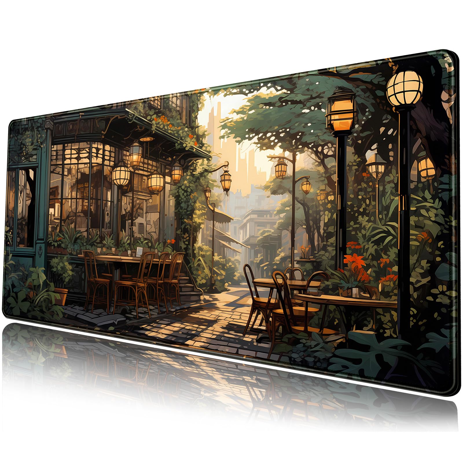 Nostalgic Peaceful Coffee Shop Desk Mat Retro Art Large Gaming Mouse Pad Anime Mousepad Extended Xl Green Plants Aesthetic Desk