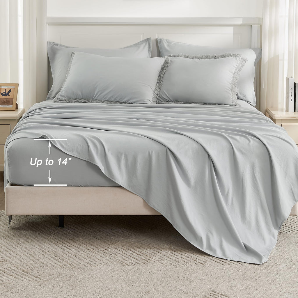 Andency Light Grey Queen Size Comforter Set With Sheets - 7 Pieces Boho Tassel Bed In A Bag Soft Lightweight Bedding Sets, Light Grey Fringe Bed Set With Comforter, Sheets, Pillowcases & Shams