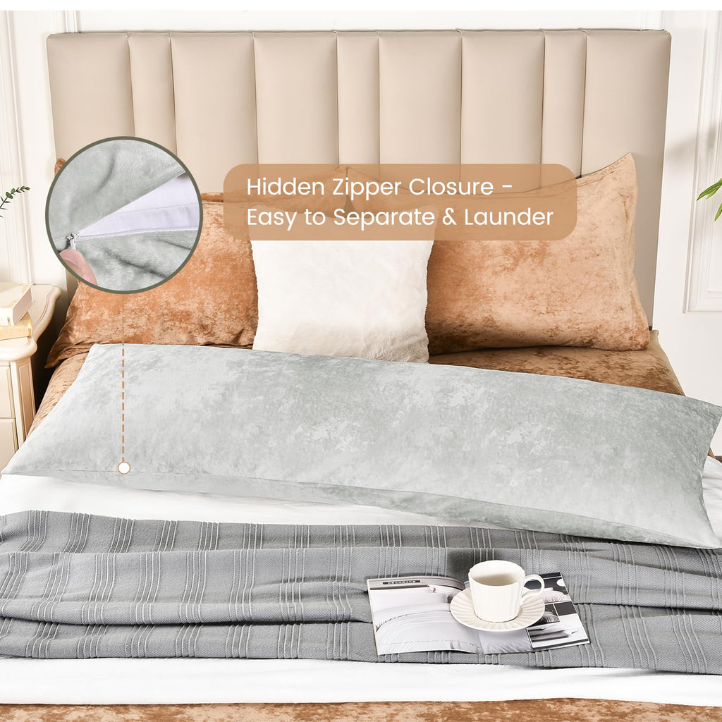 Phf Truly Velvet Zippered Body Pillowcase, No Insert, 1 Pack Ultra Soft Breathable Pillow Sham Cover With Zipper, 20'X 54' Long Luxury Cozy Warm Fuzzy Flannel Body Pillow Case, Sliver Grey