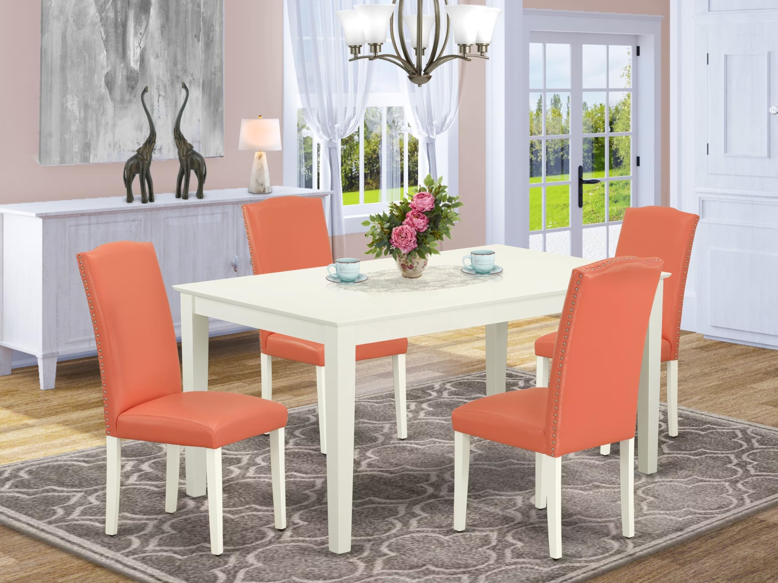 East West Furniture Caen5-Lwh-78 5 Piece Modern Dining Table Set Includes A Rectangle Wooden Table And 4 Pink Flamingo Faux Leather Upholstered Chairs, 36X60 Inch, Linen White