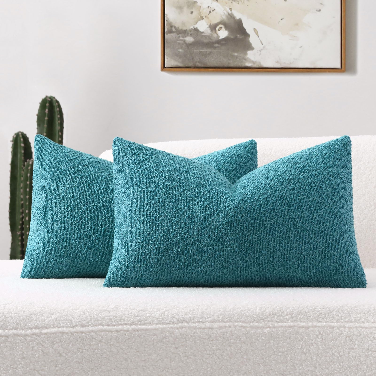 Futei Pack Of 2 Teal Blue Boucle Accent Decorative Throw Pillow Covers,12X20 Inch Soft Solid Textured Lumbar Pillow Cases,Home D
