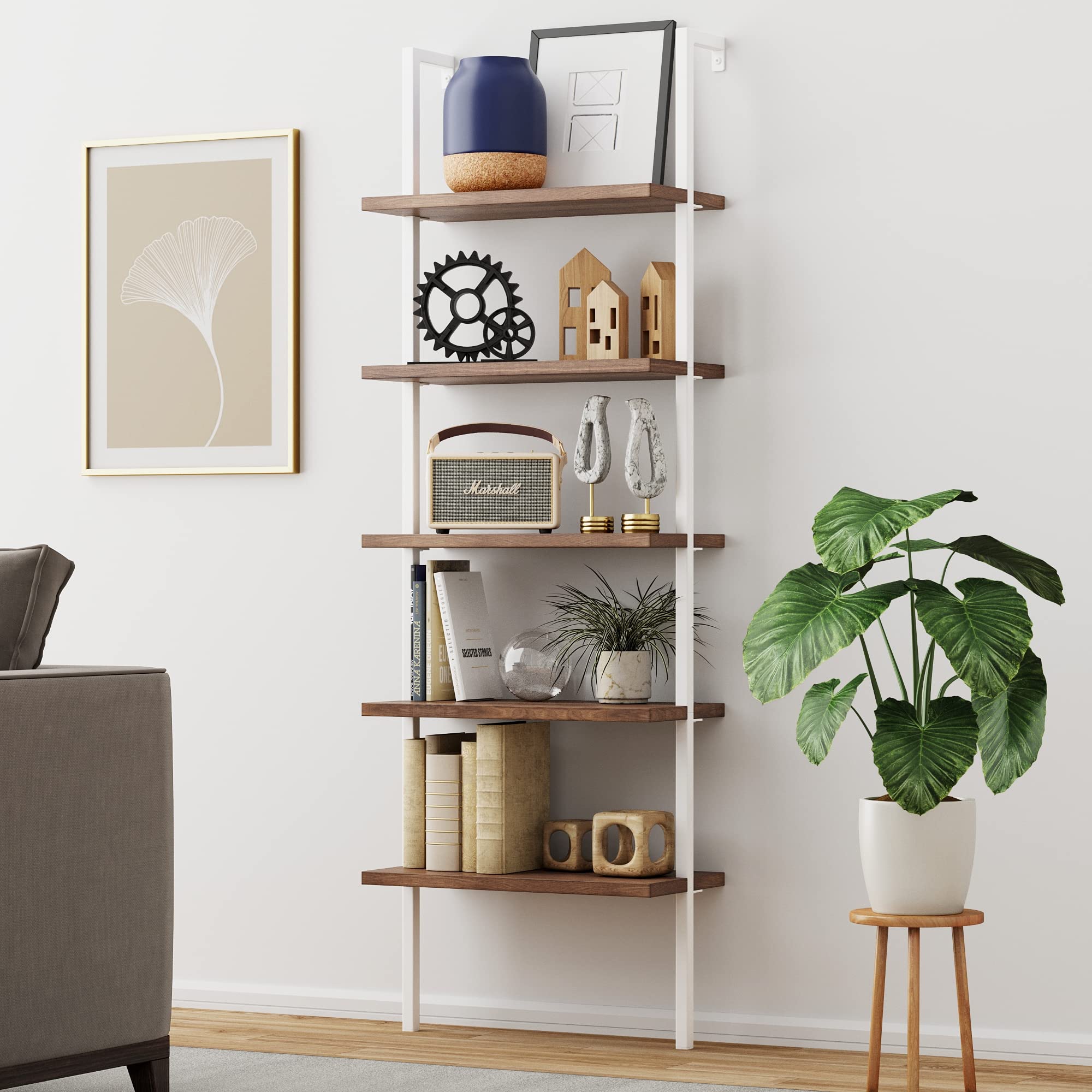 Nathan James Theo 5-Shelf Wood Modern Bookcase, Open Wall Mount Ladder Bookshelf with Industrial Metal Frame, Light Brown Oak/Wh