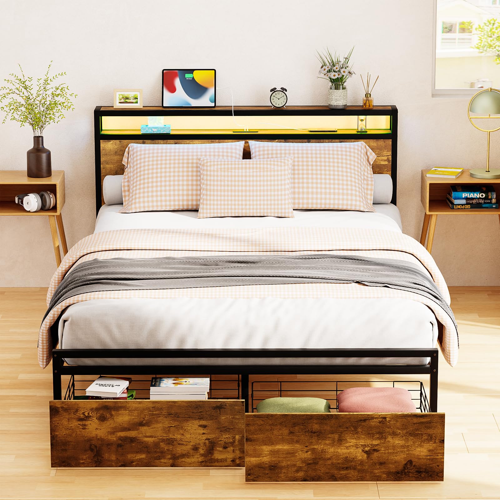 Zevemomo Full Size Bed Frame with Drawers, Full Bed Frame with LED Lights, Charging Station with 3 USB Ports & 1 Type-C Port, Fu