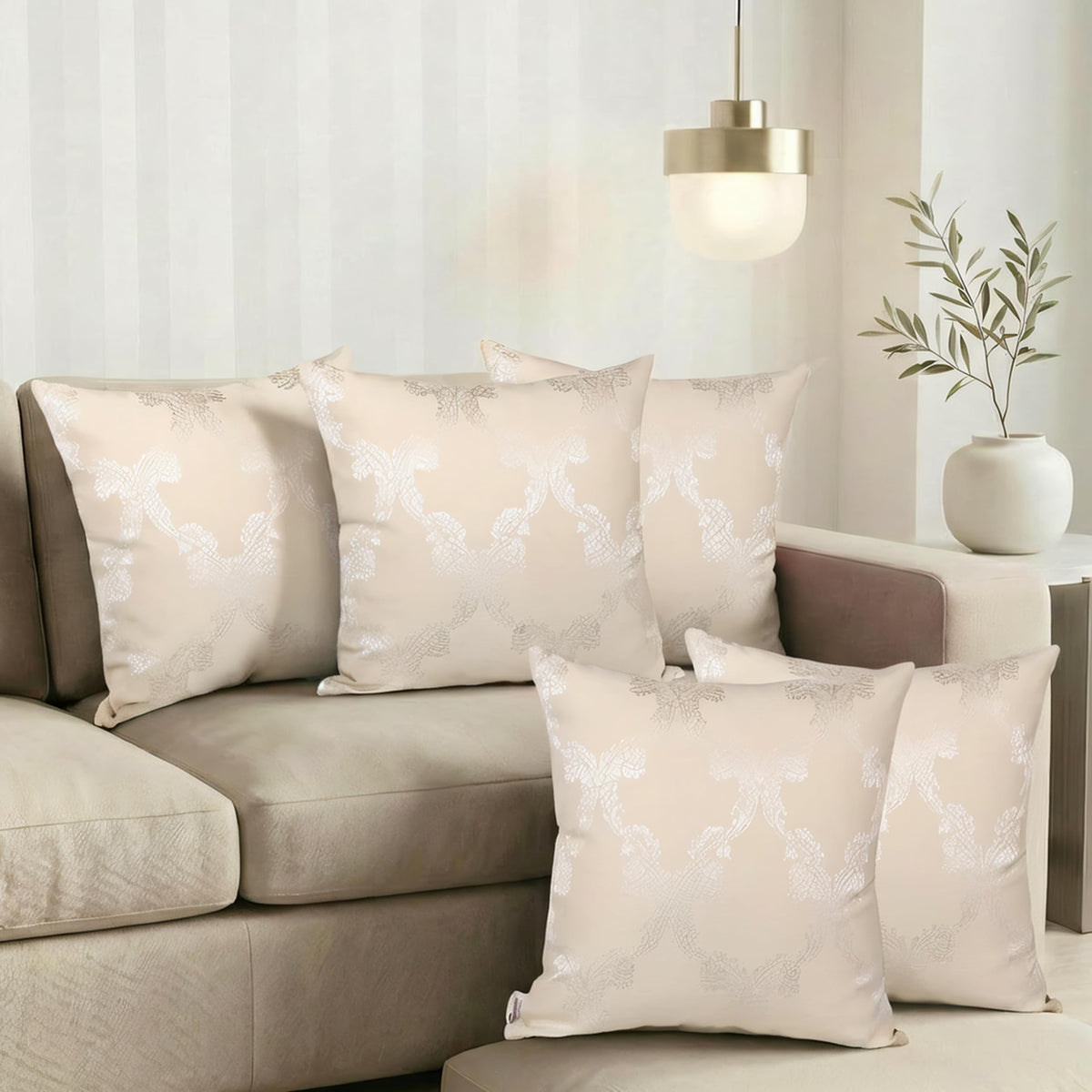 Home The Best Is For You Decorative Self Design Cotton Jacquard Cushion Covers 20X20 Inches Pack Of 5 Cream Ogee Ideal For Sofa