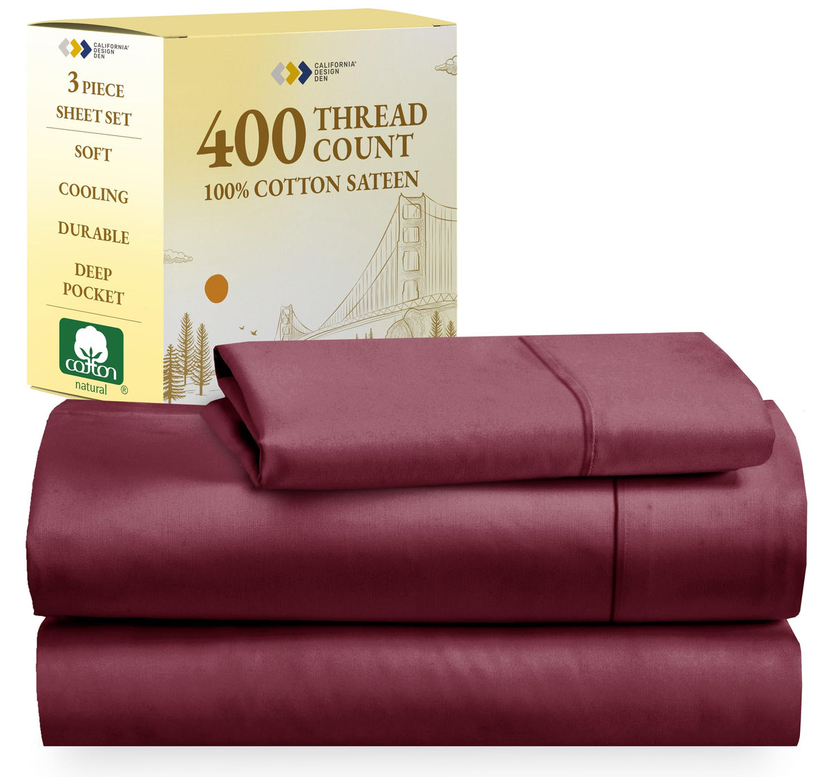 California Design Den 100% Cotton Sheets, Twin Xl Sheets Set, 400 Thread Count Sateen Bedding For Dorm Rooms & Adults, Deep Pock