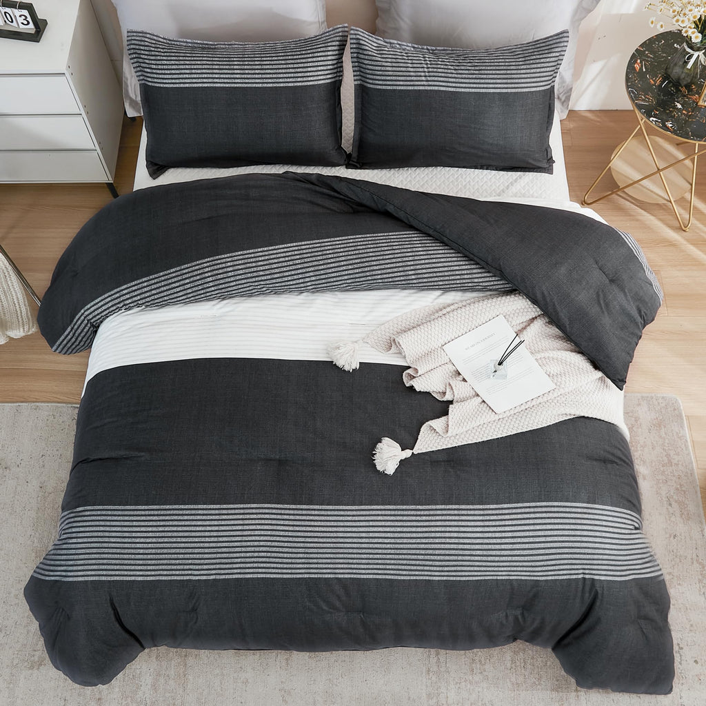 Litanika Queen Comforter Set Black White Grey - 3 Pieces Lightweight Summer Bedding Set, All Season Down Alternative Comforter (