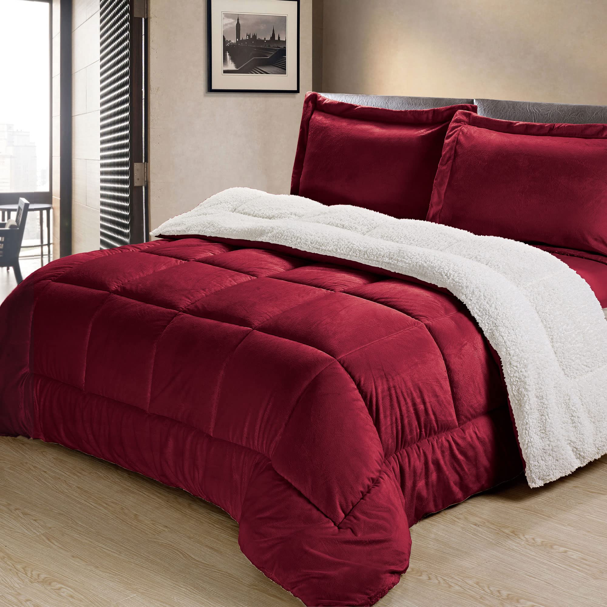 Cathay Home King Comforter Set: Ultra Soft And Plush Reversible Micromink And Sherpa 3-Piece Bedding Set, Burgundy, King (102'