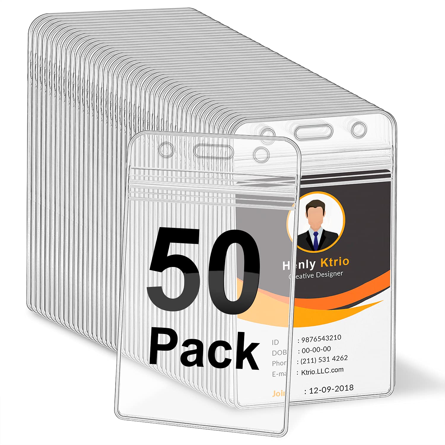 Ktrio 50 Pcs Clear Id Card Badge Holders With Waterproof Resealable For Nurses, Office And School - Vertical