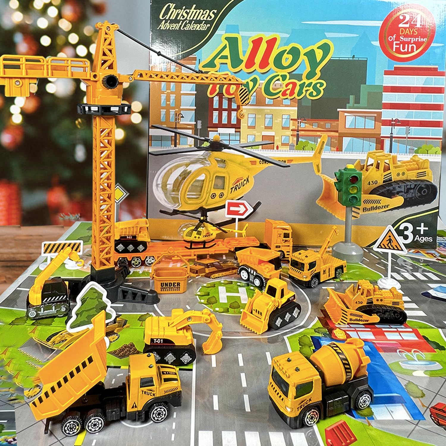 Advent Calendar 2024 Kids Boys - Alloy Construction Vehicles Toy Set - Christmas Engineering Playset Plus 2 Mats - Countdown Cal