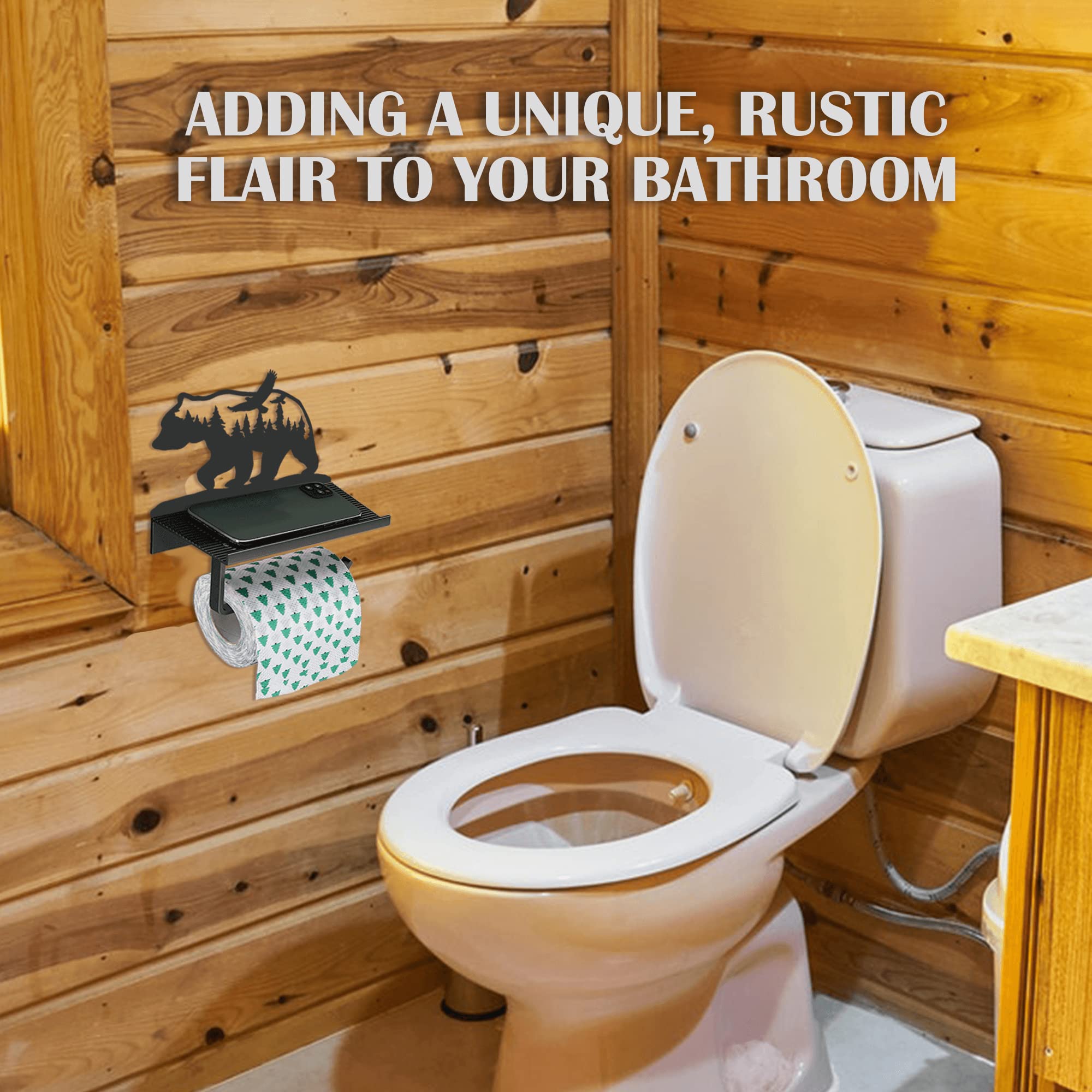 Bear Toilet Paper Holder With Shelf,Rustic Cabin Bathroom Decor, Farmhouse Forest Theme Kitchen Bathroom Decor, Black (A)