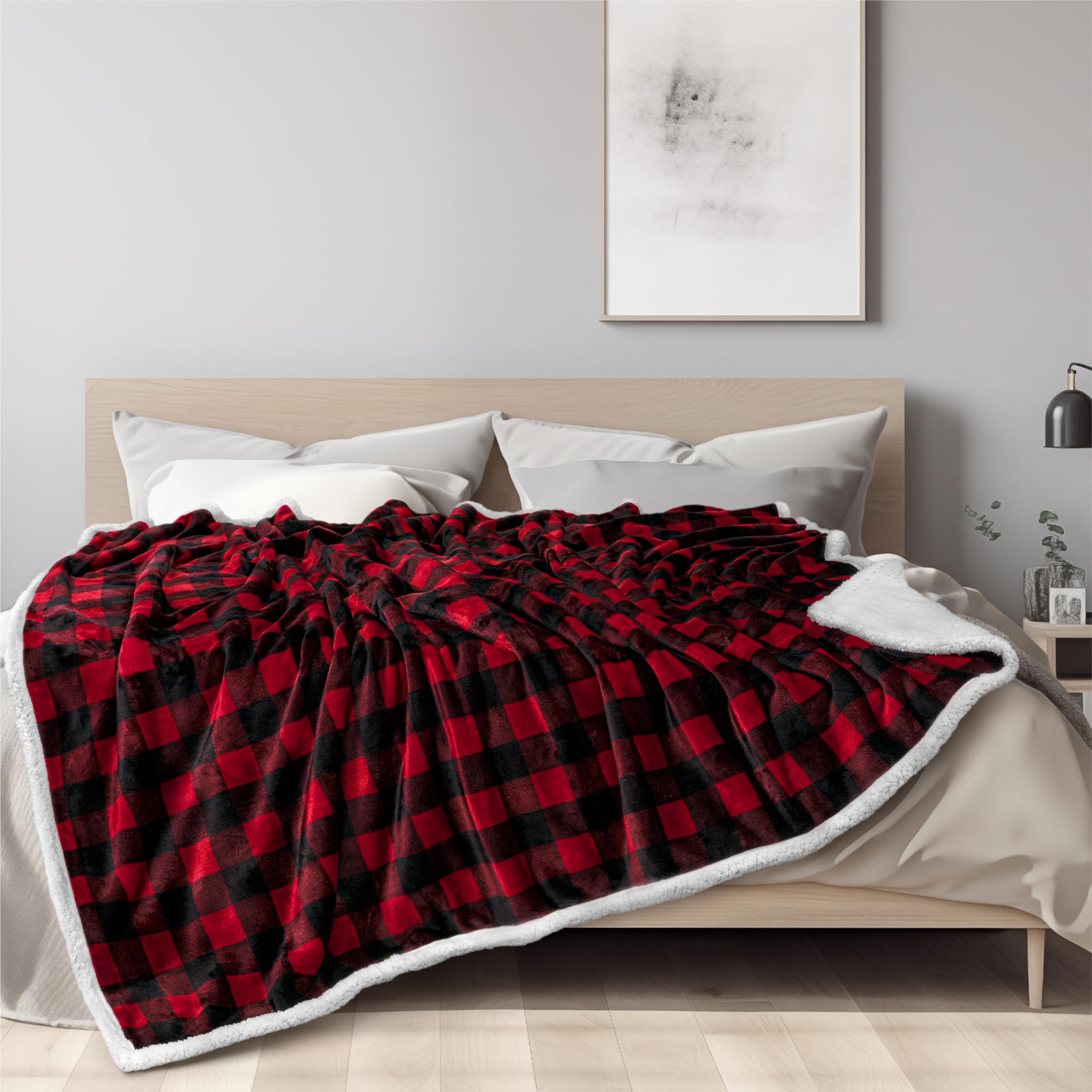 Pavilia Black And Red Buffalo Plaid Sherpa Fleece Throw Blanket For Couch Twin, Soft Flannel Blanket For Sofa Bed, Christmas Che