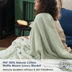 Phf 100% Cotton Waffle Weave Blanket Twin Size 66'X90' - Lightweight Cozy Washed Soft Breathable Throw Blanket - Great Blanket Layer For Couch Bed Sofa - Elegant Aesthetic Home Decoration - Sage Green