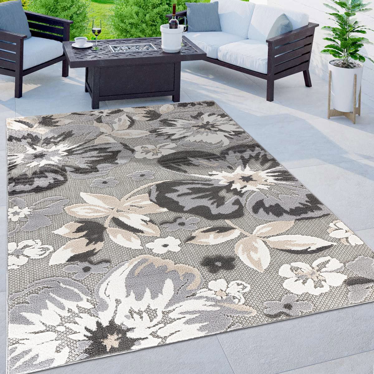 Rugshop Bergamo Contemporary Floral Non-Shedding Easy Cleaning Patio Deck Backyard Indoor/Outdoor Area Rug 5' X 7' Gray