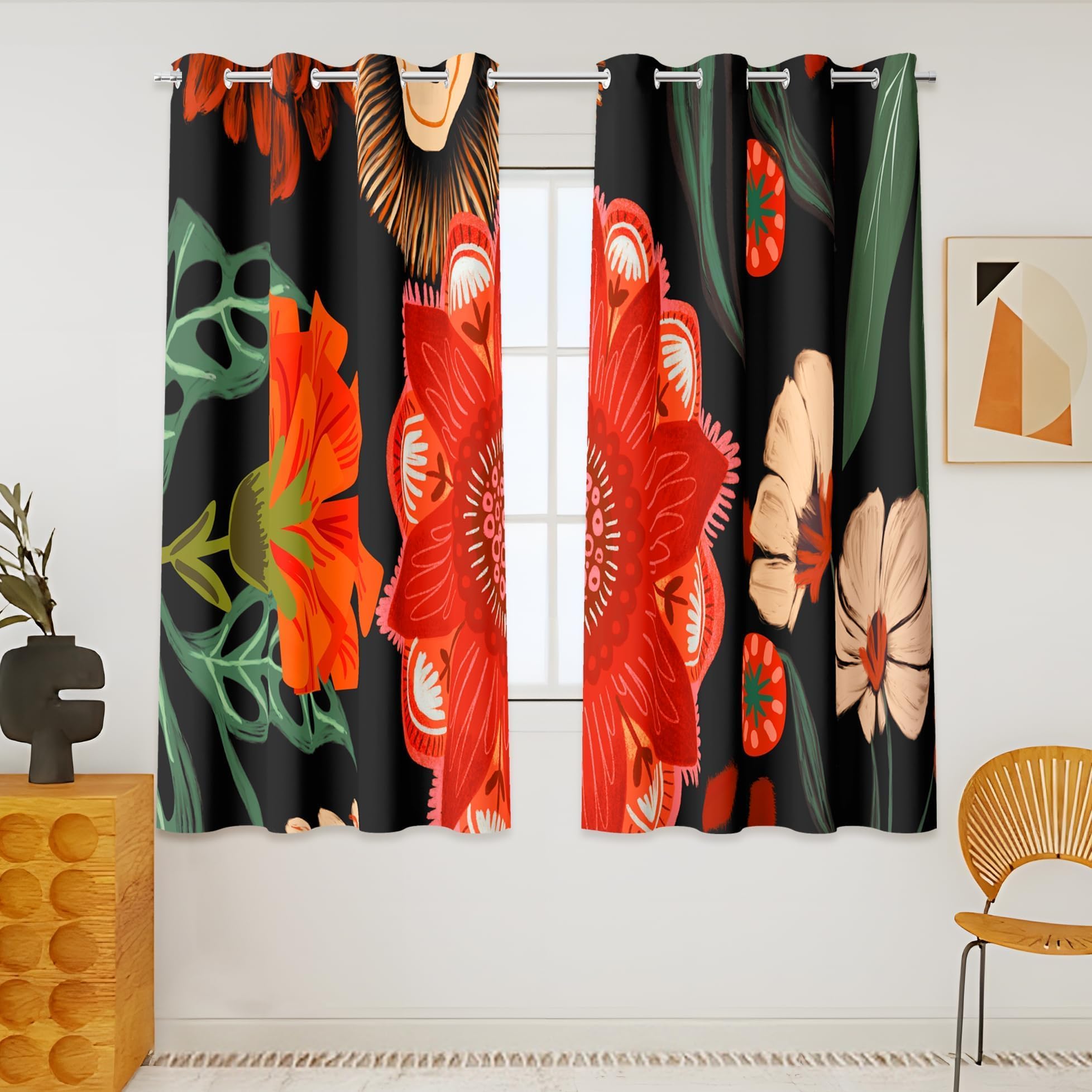 Tyrot 100% Blackout Black Boho Floral Curtains 45 Inch Long 2 Panels Mid Century Modern Botanical Grommet Thermal Insulated Room