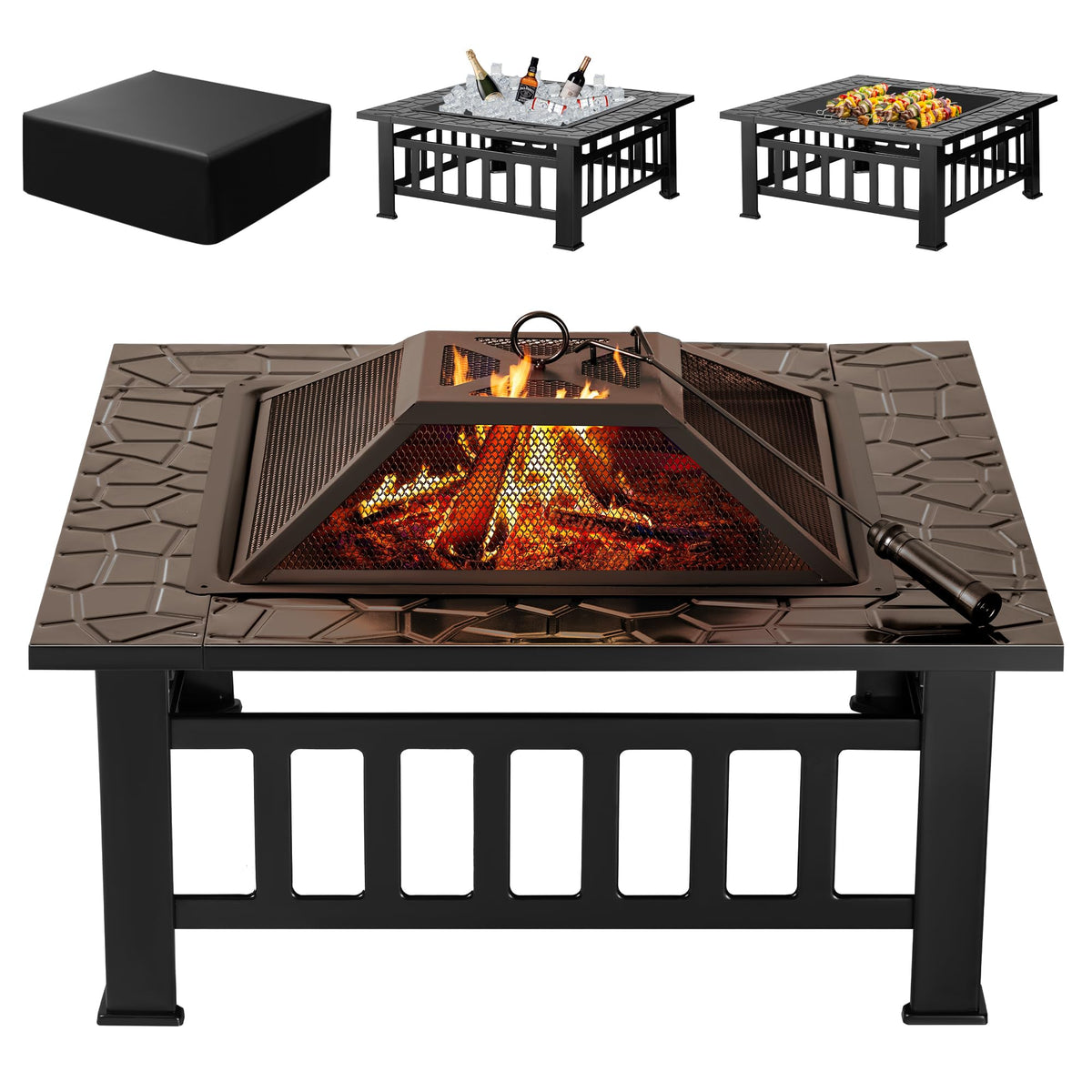 Devoko Outdoor Fire Pit, 32 Inch Firepit Table Metal Outdoor Fireplaces With Waterproof Cover For Outside Patio Camping (Black)