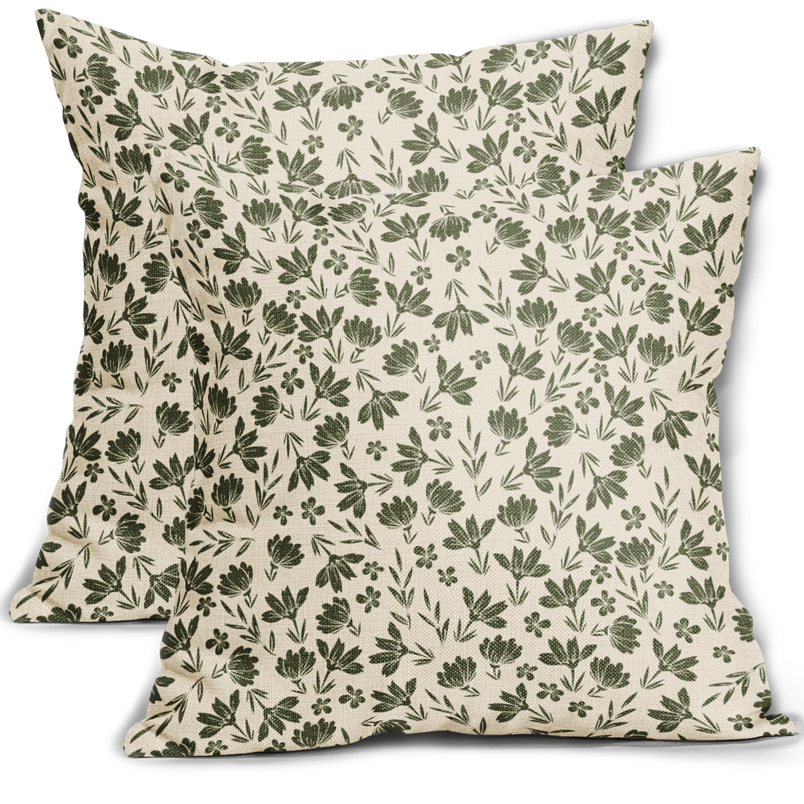Olive Green Floral Pillow Covers 18X18 Set Of 2 Vintage Rustic Old Style Cute Small Flower Green Cream Print Decorative Outdoor
