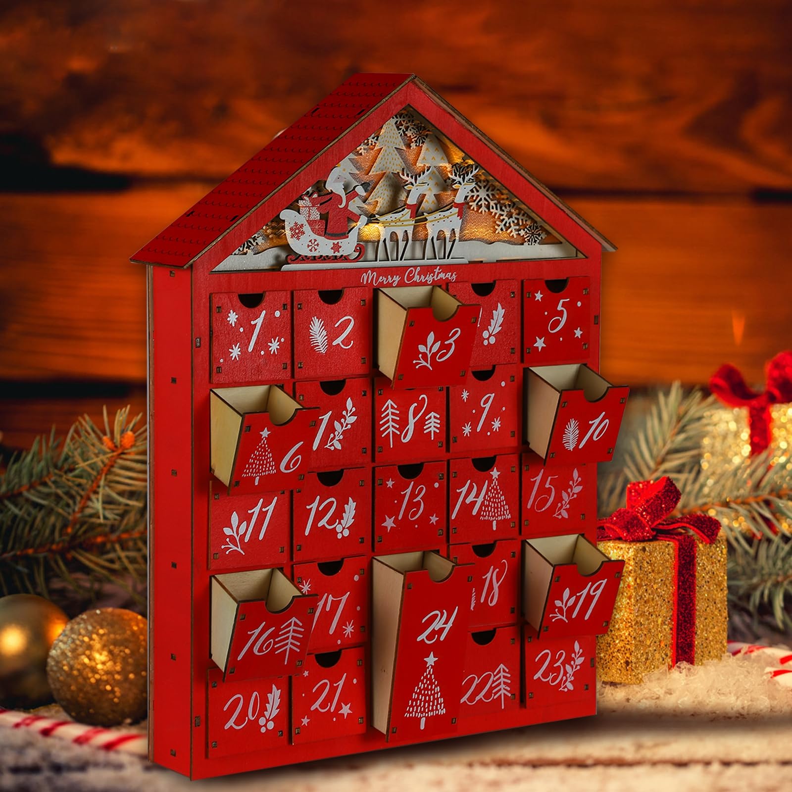 Mortime 24 Day Red House Advent Calendar With Lighted Reindeer Sled Christmas Tree Snowflake, Lighted Wooden Countdown To Christ