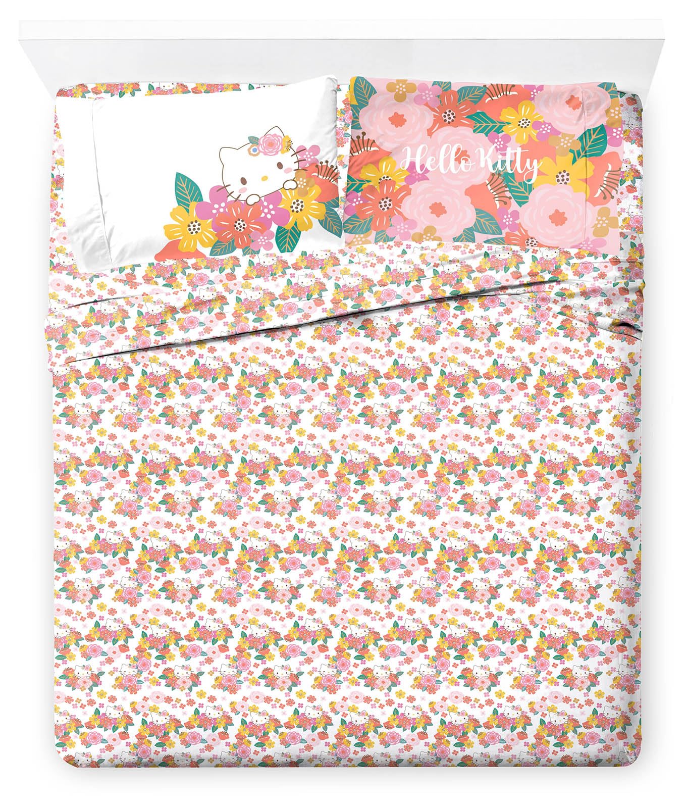 Jay Franco Hello Kitty King Size Sheet Set - Super Soft 4 Piece Bedding Set - Floral Microfiber Sheets Includes Reversible Pillo