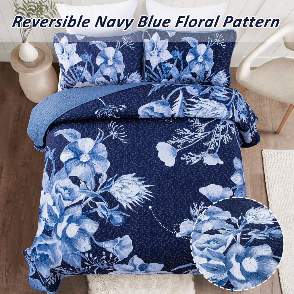 Drucon Floral Quilt Set Queen 3 Pieces Navy Blue Floral Quilt Coverlet Set Soft Microfiber Lightweight Navy Blue Quilted Bedspre