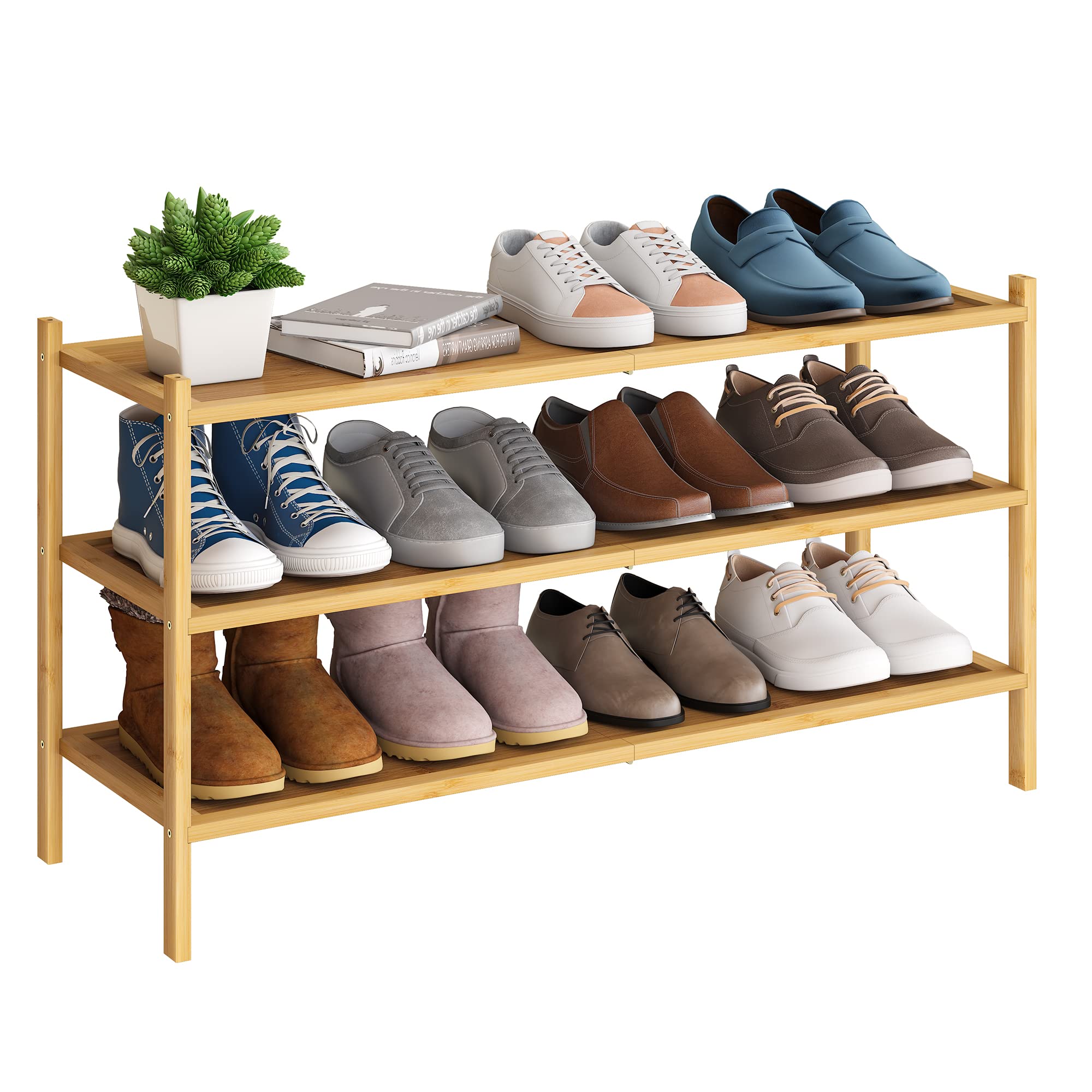 Bmosu 3-Tier Bamboo Extended Shoe Rack Premium Stackable Shoe Shelf Storage Organizer For Hallway Closet Living Room Entryway Organizer(Natural)