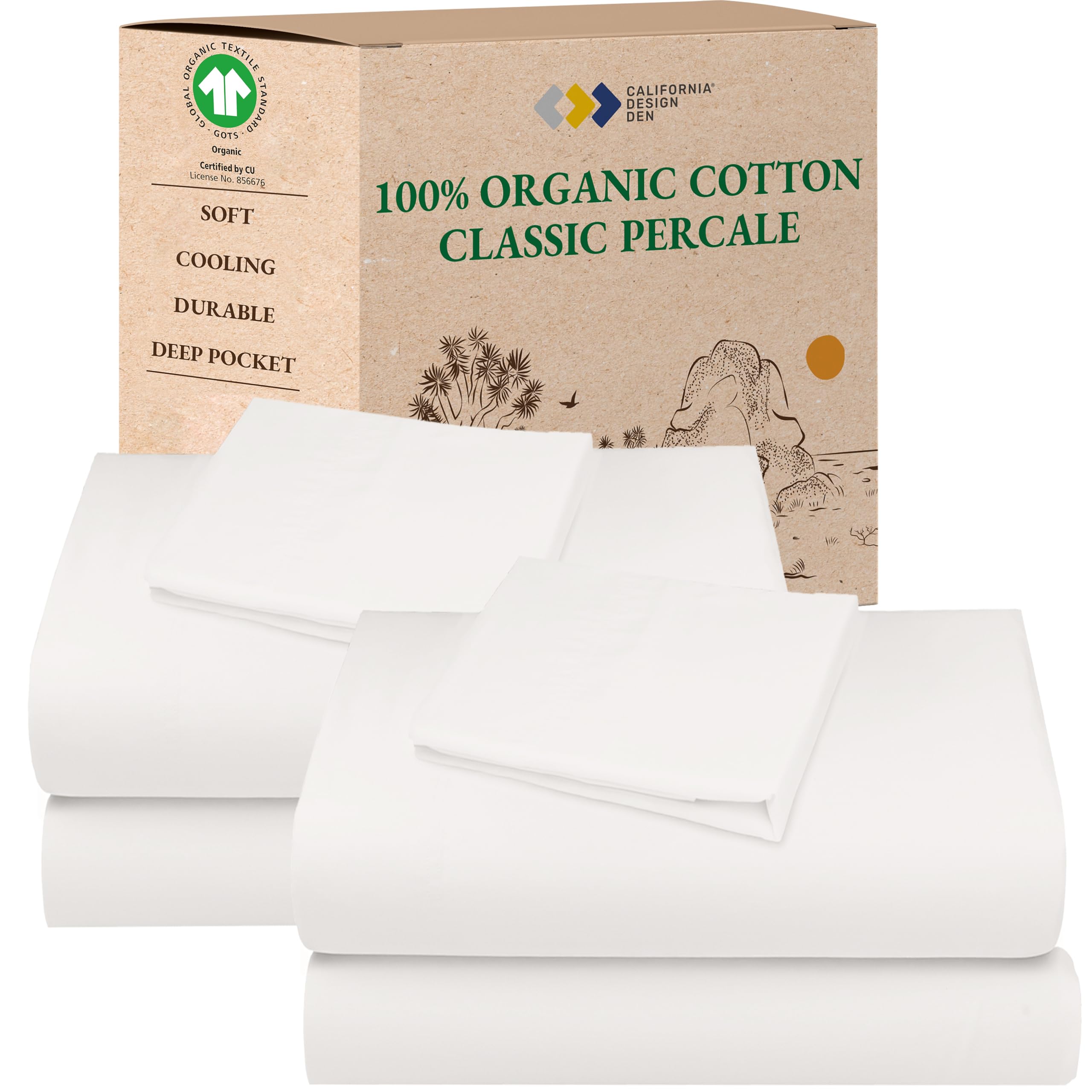 California Design Den 2-Pack 100% Organic Cotton Bed Sheets Twin Size Set - Crisp and Breathable Percale Sheets, Deep Pockets, L