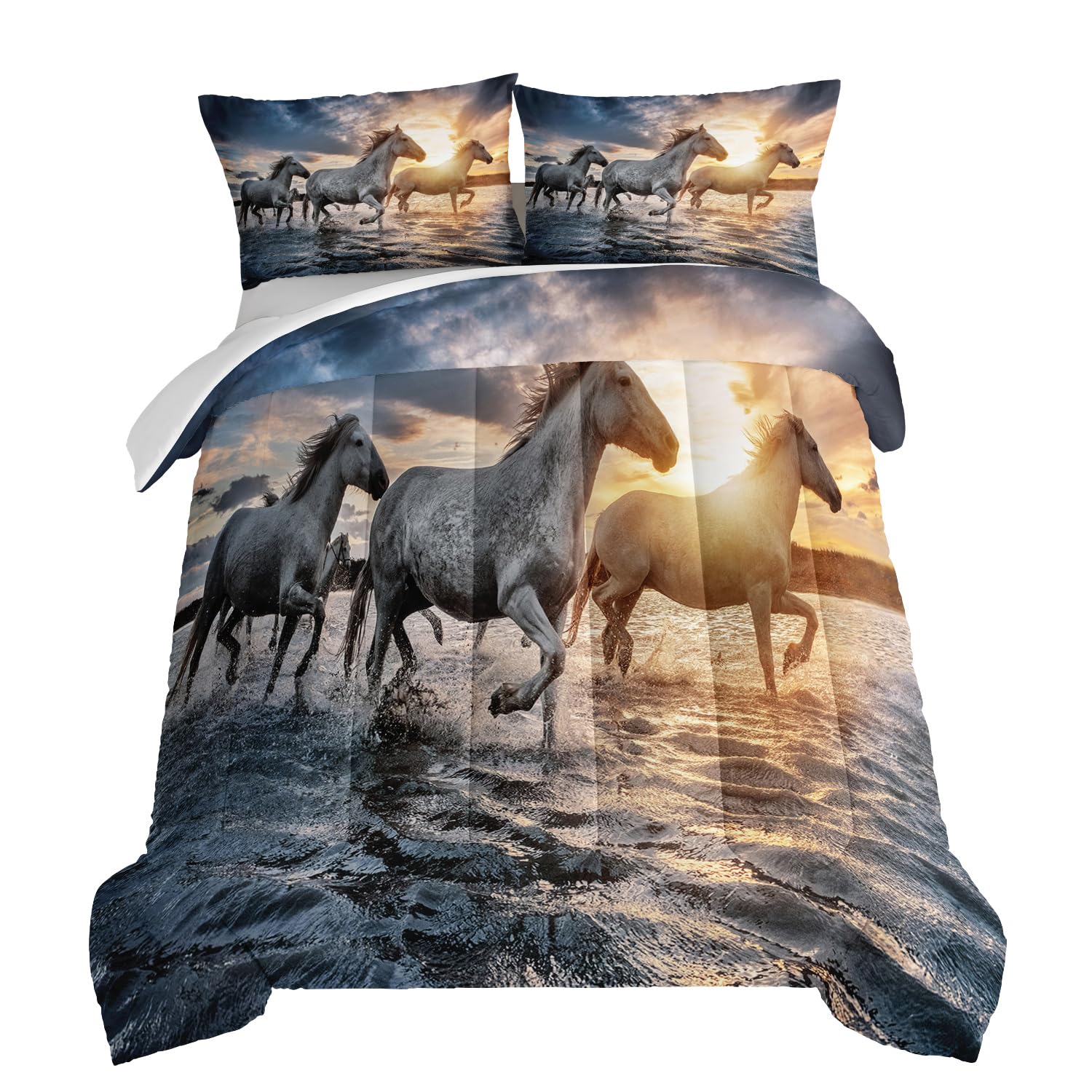 Hosima Girls Comforter Set Horse Theme Print Handsome Bedding Queen Size For Kids Teen Boys Room Decor, Twin Sets With 2 Pillowc
