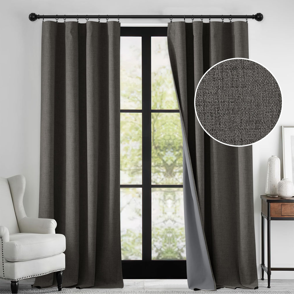 RYB HOME 100% Blackout Linen Textured Curtains 90 inches Long, Thermal Insulating Privacy Energy Saving for Bedroom Living Room 
