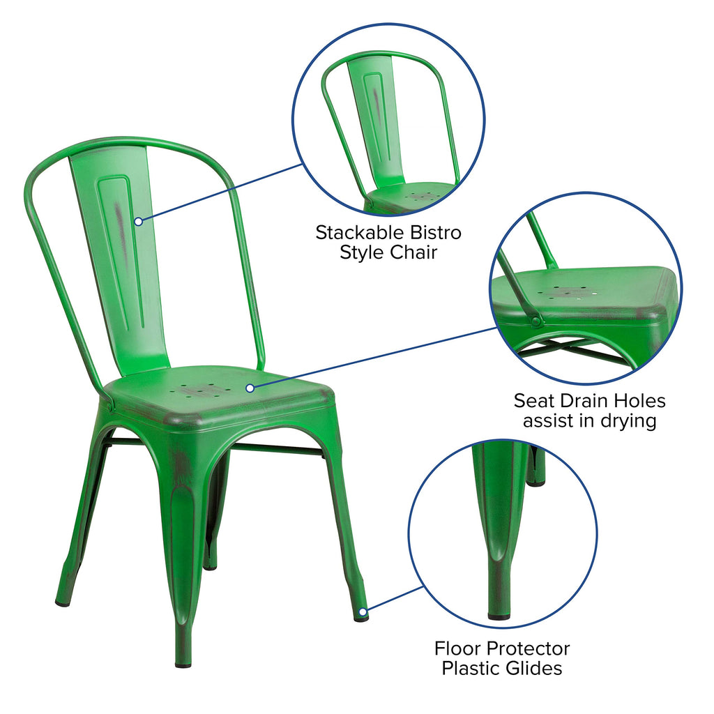 Flash Furniture Commercial Grade Distressed Green Metal Indoor-Outdoor Stackable Chair